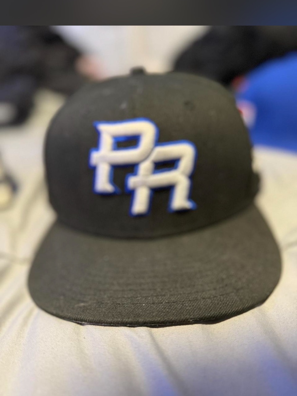 New Era Black Fitted Cap with White and Blue PR Logo